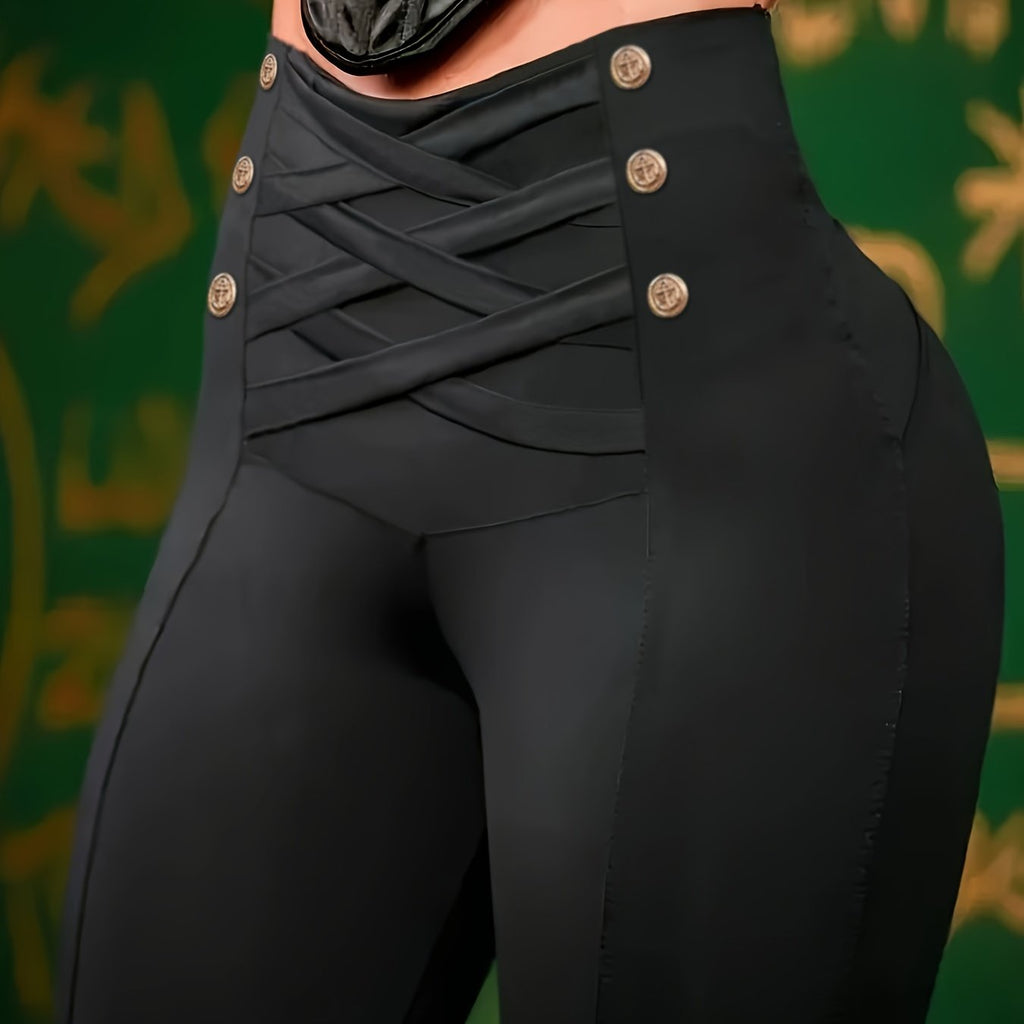 High-Waisted Black Leggings with Decorative Golden Buttons