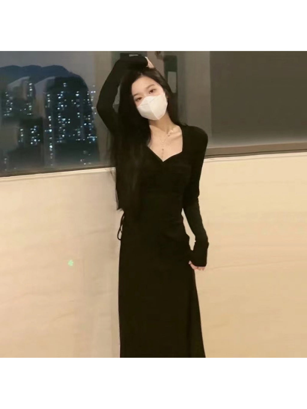 V-Neck Long Sleeve Dress with Ruffled Hem & Asymmetrical Hemline