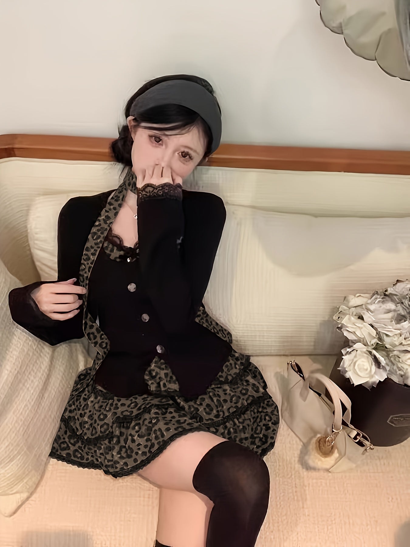 Leopard Print - Two-Piece Set: Crop Top + High-Waisted Flared Skirt - Sexy Mini Dress with Faux Two-Tone Design