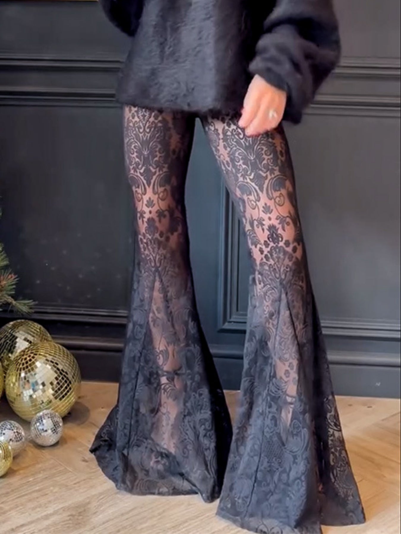 Women's Sexy Lace Pants - High-Waisted Flare Leg, Semi-Sheer Formal/Party/Everyday Trousers, Stretchy Non-See-Through Bottoms for Women, Autumn Outfit, Elegant Design, Comfortable Fit, Trendy Wardrobe