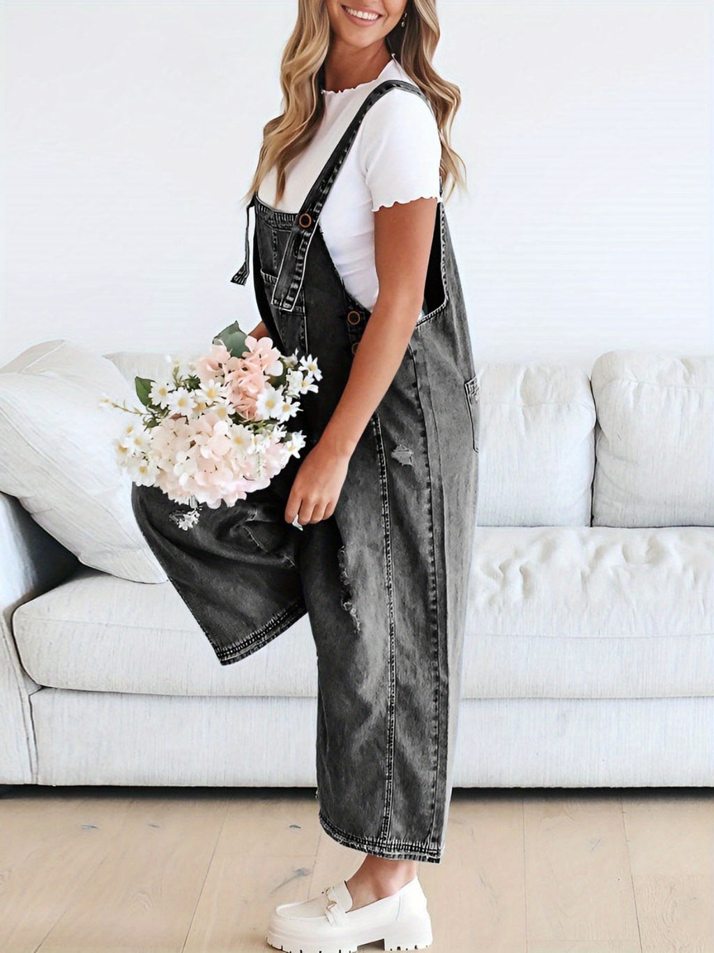 Distressed Denim Overalls