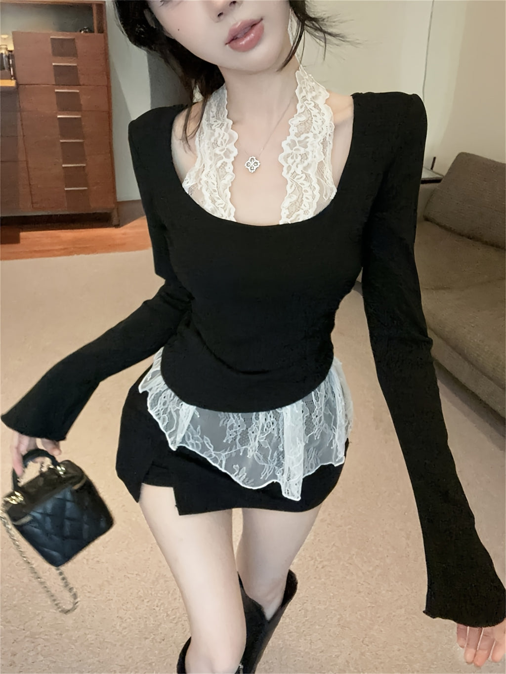 Lace Turtleneck Long-Sleeve Top