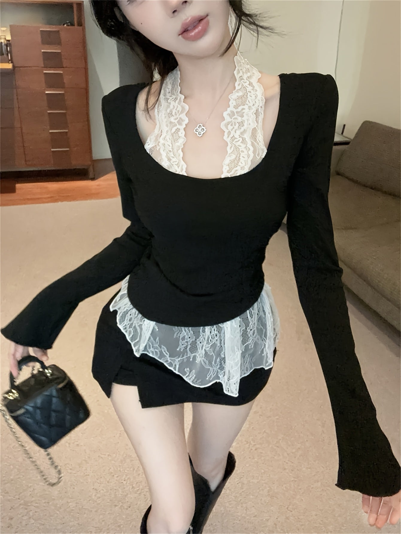 Lace Turtleneck Long-Sleeve Top