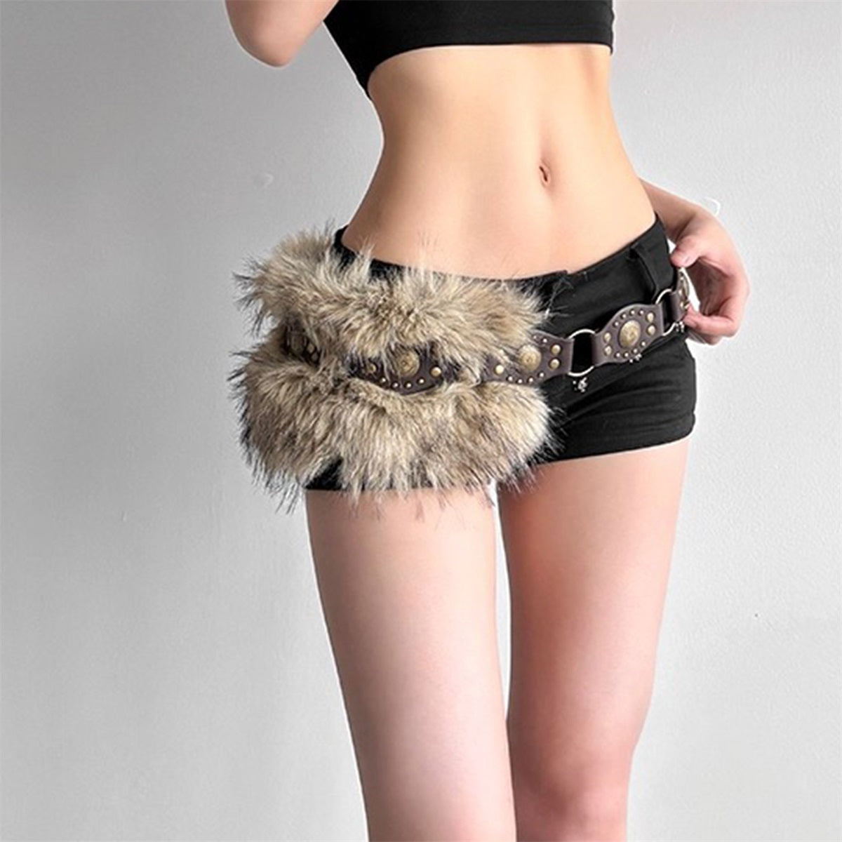 Faux Fur Leather Belt with Pin Buckle & Rivet Accent