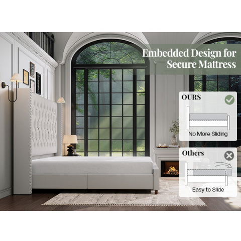 61.4" Tall Luxury Bed Frame with Tufted Wingback Headboard