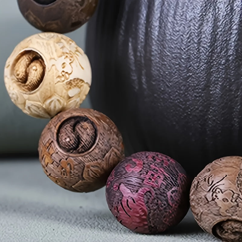 Elegant Hand-Carved Wooden Character Beads Bracelet