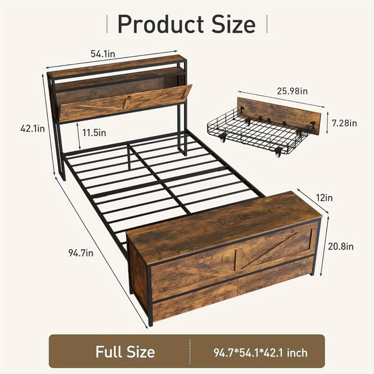 Industrial Metal Bed Frame with Heavy Duty Steel Pipe Design - Vintage Rustic Finish & Noise-Free Support, No Box Spring Needed