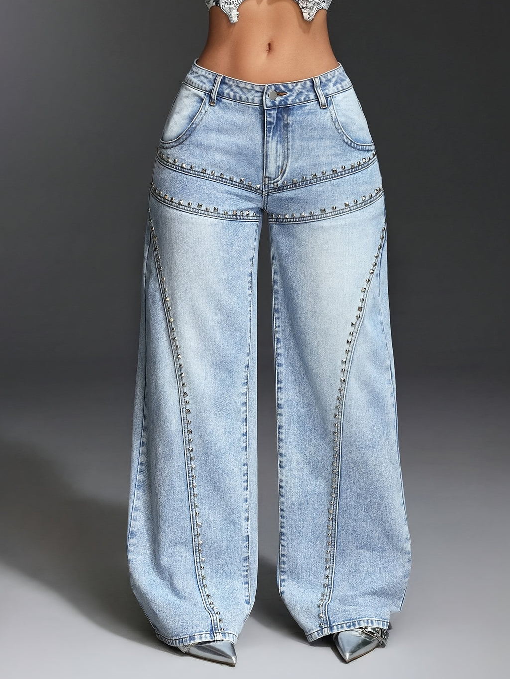 Pocket Stud Inlaid Loose Wide Leg Jeans
