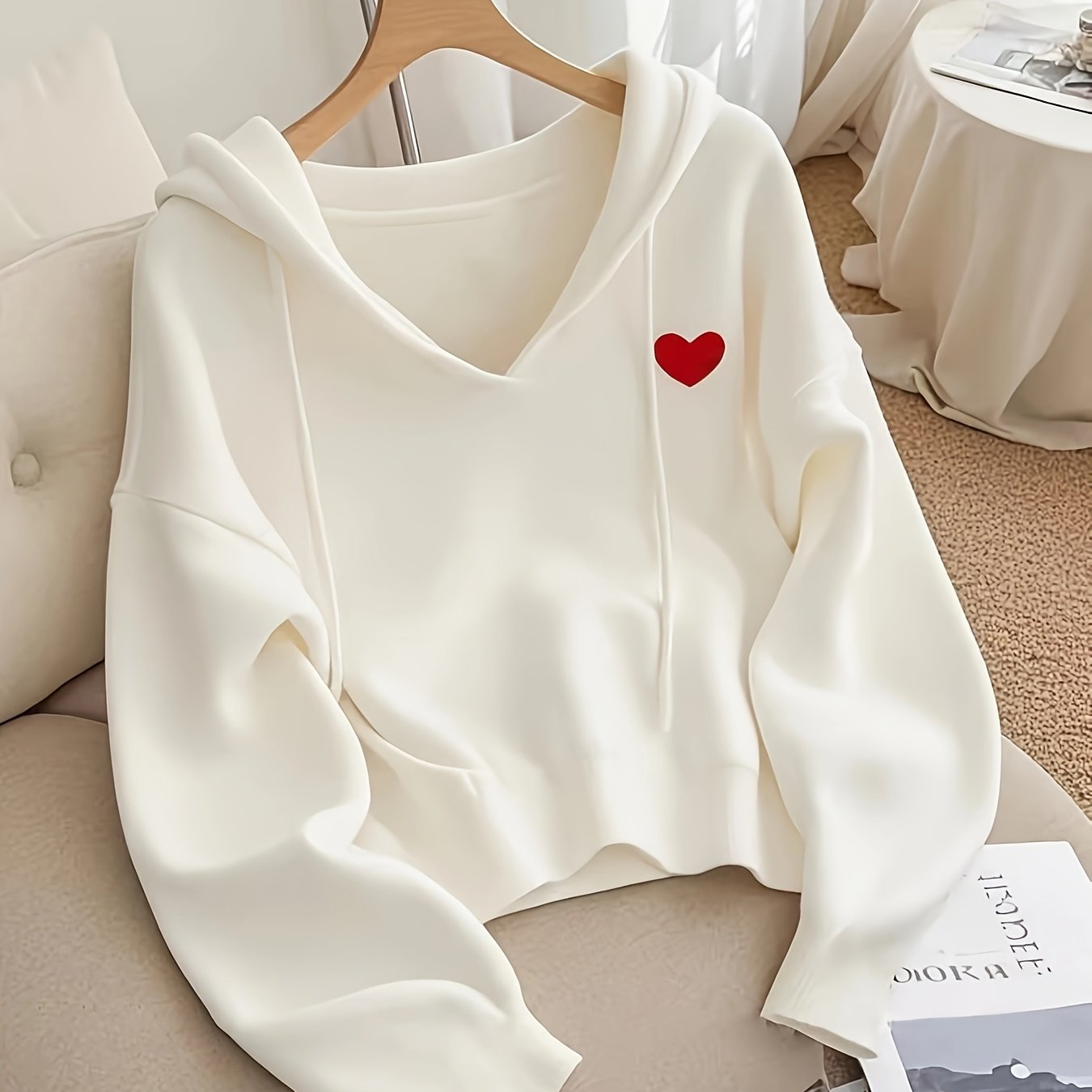 Women's Oversized Hooded Sweatshirt with Red Heart Patch - Cozy Long Sleeve Pullover, Medium Stretch Fabric, Drawstring Hood & Ribbed Cuffs for Fall Winter Casual Wear, Seasonal Wardrobe, Chic Pullover, Durable Construction,