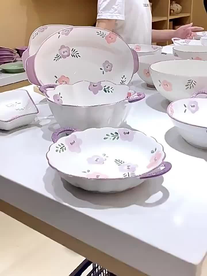 6/8/14pcs Ceramic Tableware, Underglaze Colored Ceramic Tableware Bowls And Plates