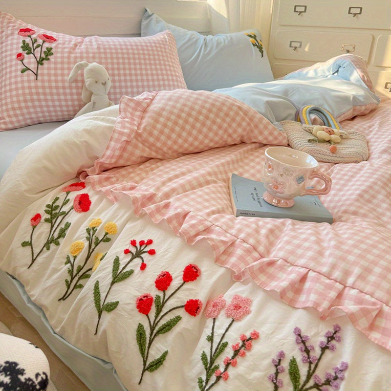 Pink Checkered + 3D Floral Embroidery Duvet Cover Set (1 Duvet Cover + 2 Pillowcases)