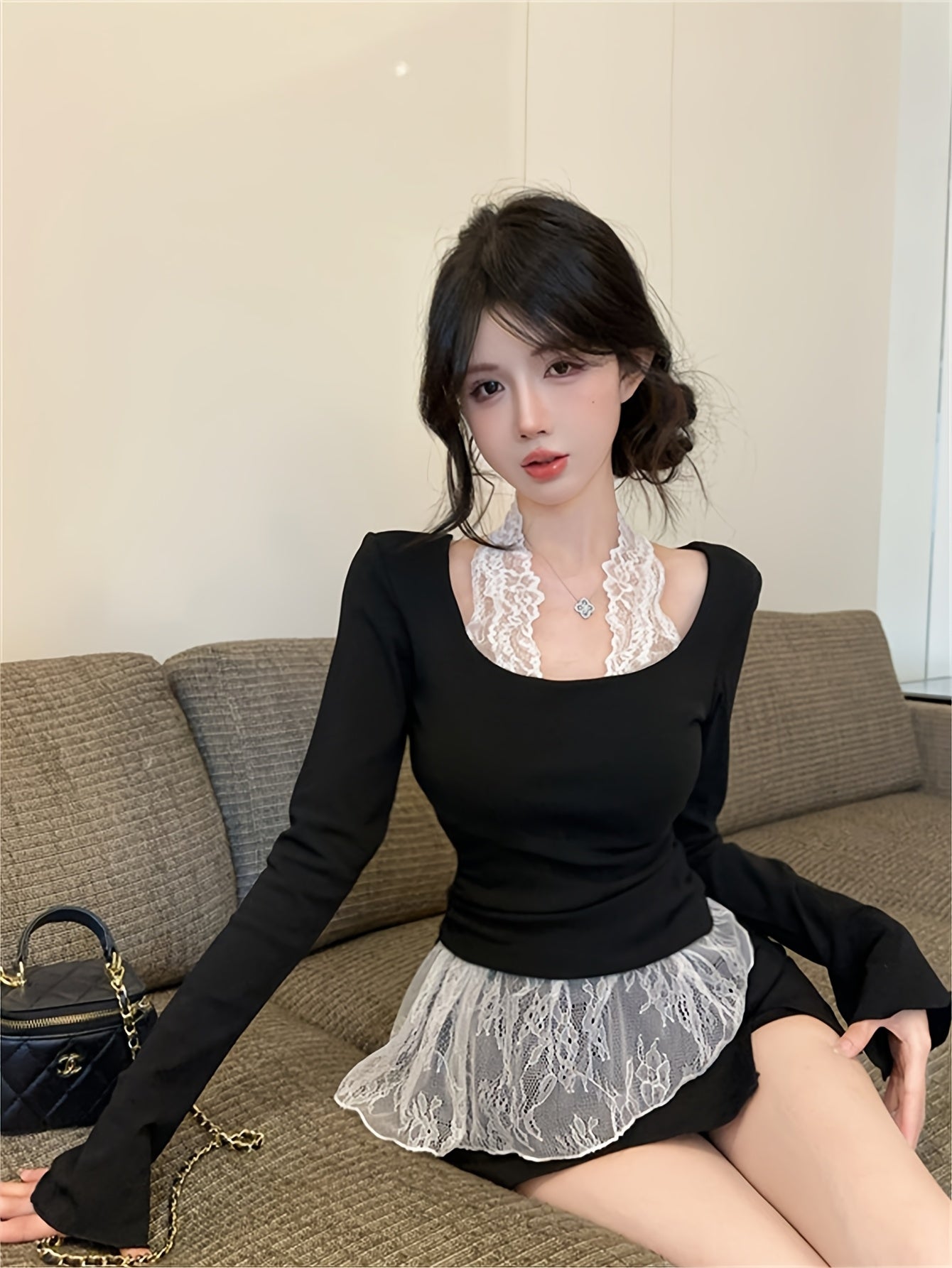 Lace Turtleneck Long-Sleeve Top