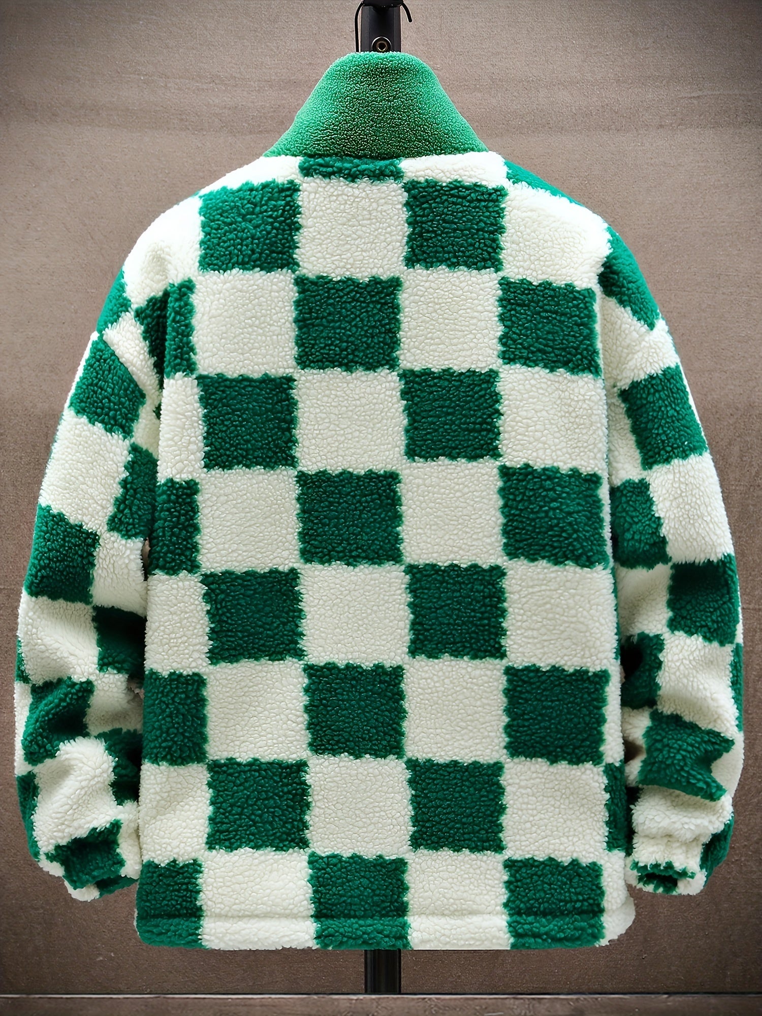 Blue & White Plush Checkered Winter Coat