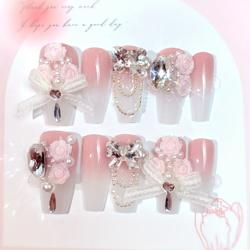 [24pcs} Spring and Summer Pink Gradient Flower Lace Bow Medium Ballet Shaped Nails