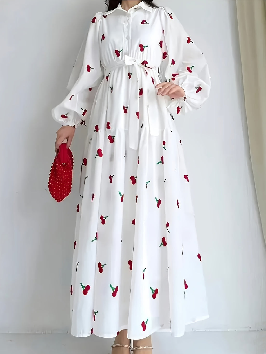 Cherry Print A-Line Maxi Dress with Collar & Puffed Short Sleeves