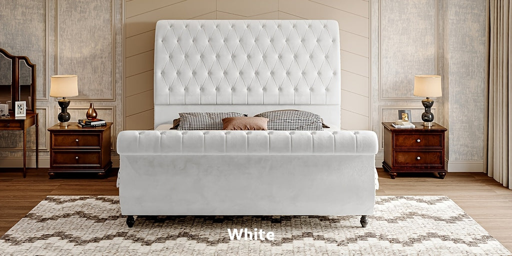 Velvet Upholstered Sleigh Bed With Scroll-Designed Headboard And Footboard