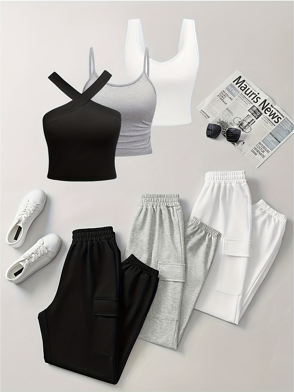 {6pcs} Sleeveless Camisole Pocket Overalls Solid Color Set