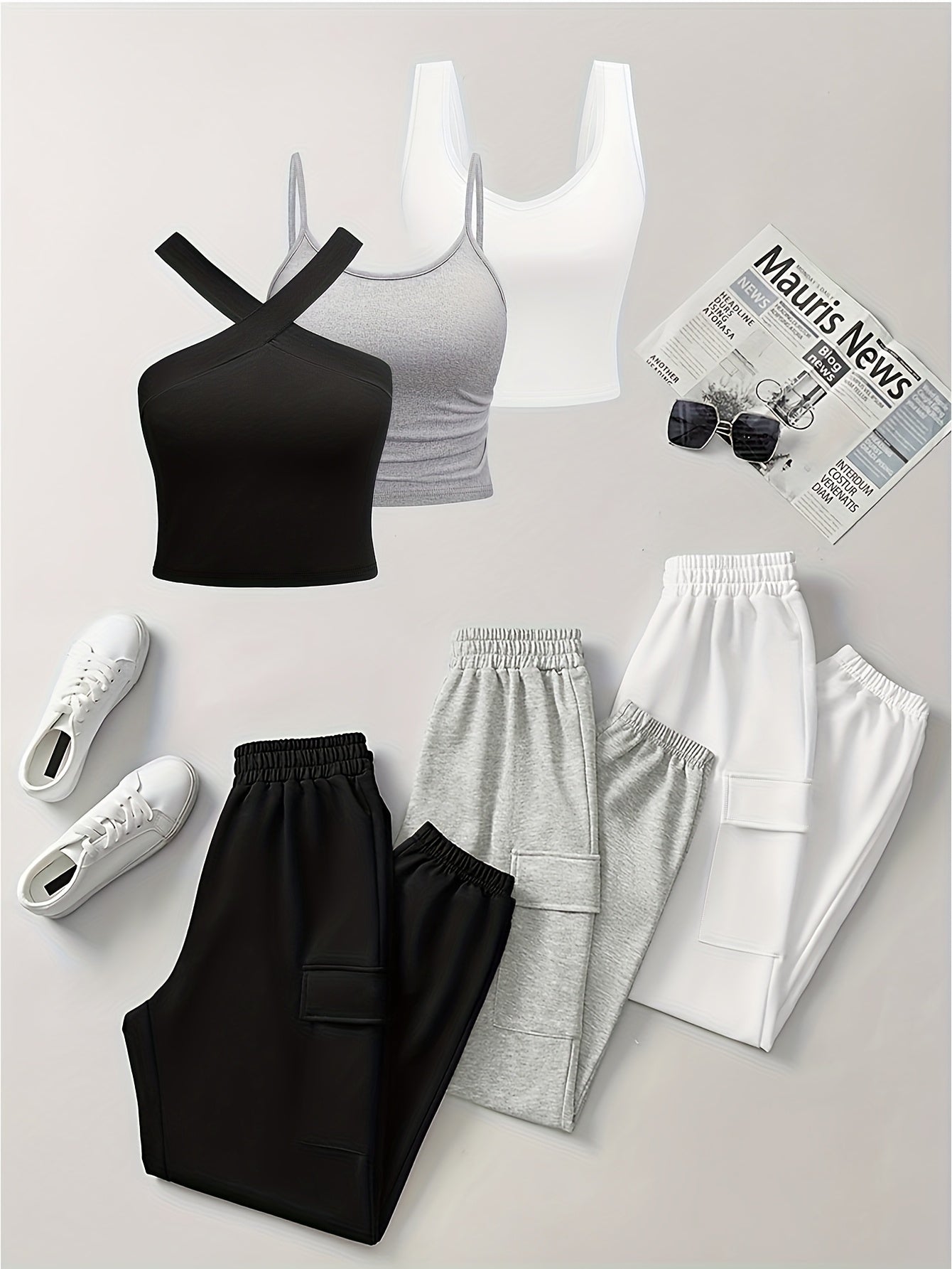 {6pcs} Sleeveless Camisole Pocket Overalls Solid Color Set