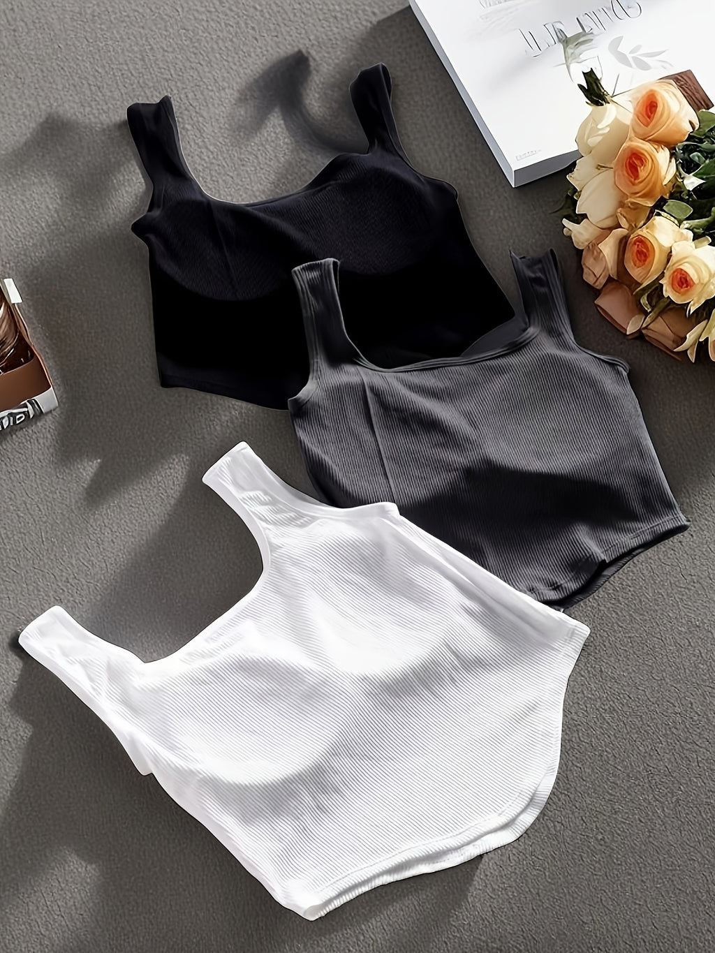 3pcs Casual Knit Fabric Sleeveless Tops with Built-In Non-removable Padding