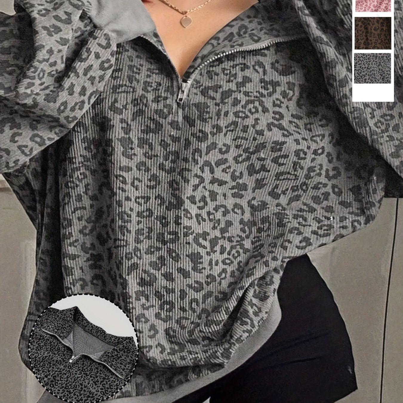 Oversized Corduroy-Textured Leopard Print Sweatshirt