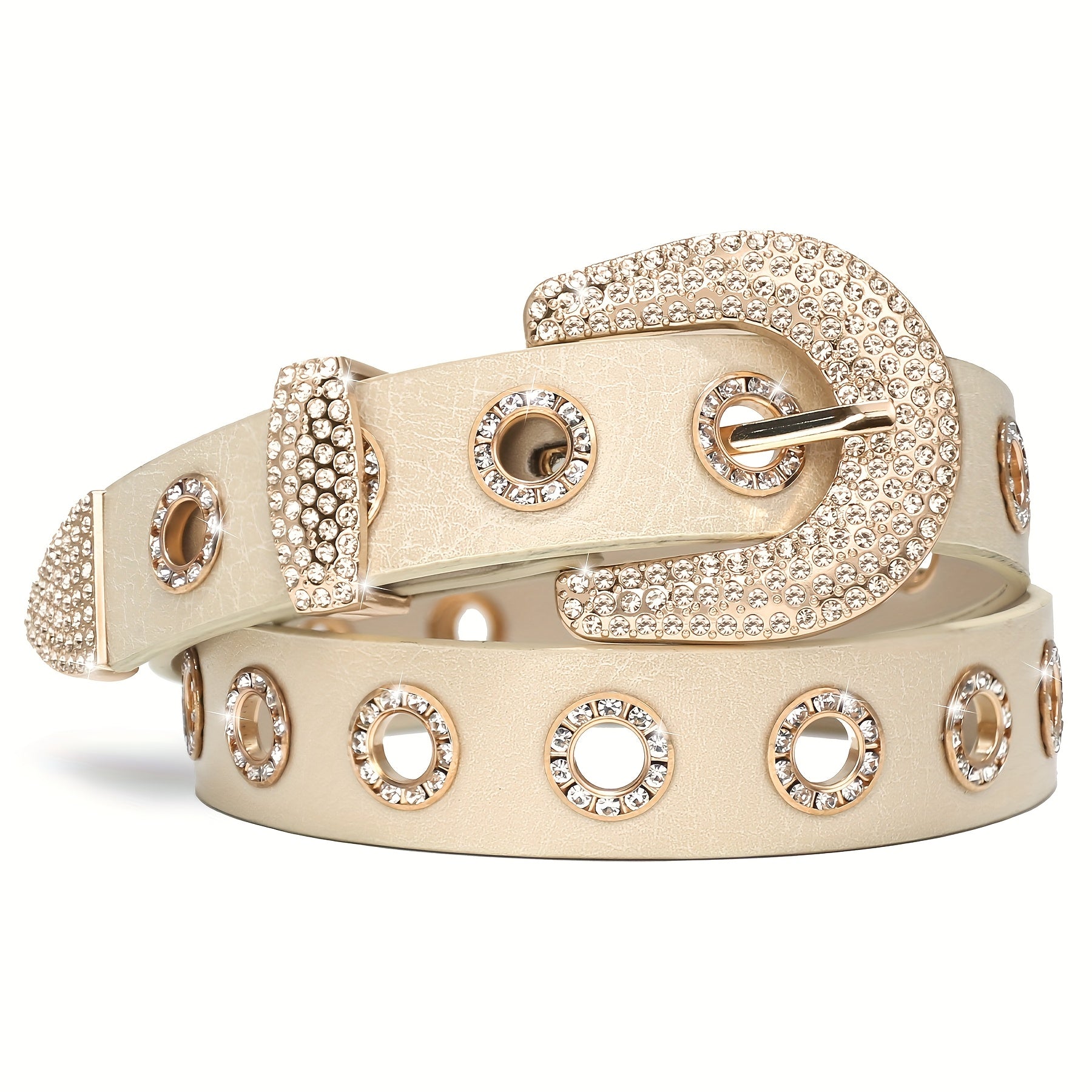Faux Leather Belt with Studded Rhinestone Grommets
