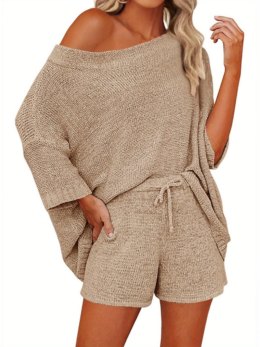 Women's 2pcs Outfits Sweater Sets Off Shoulder Knit Top Shorts Matching Suits Cute Pajama Lounge Set