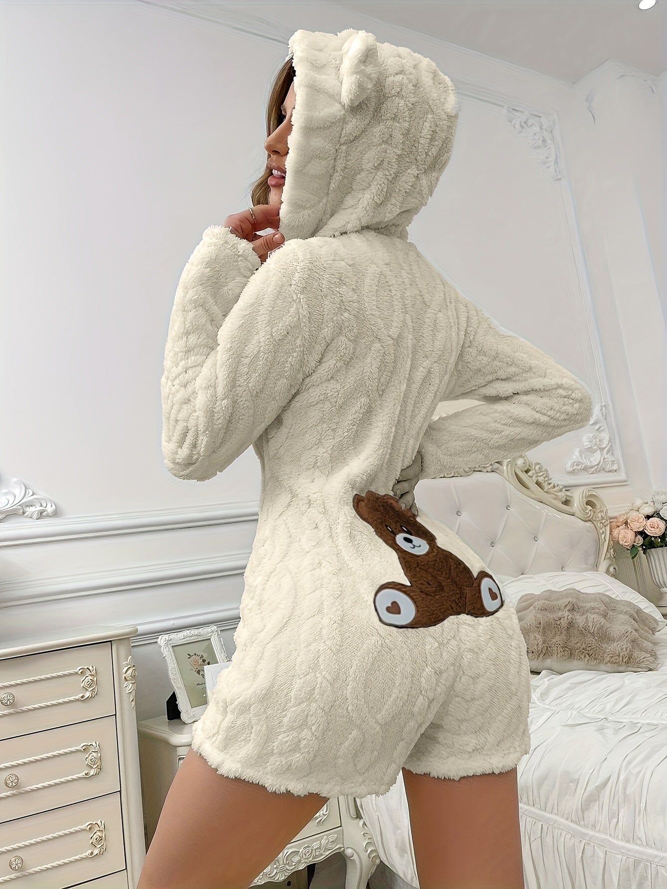 Fleece Hooded Onesie with Bear Print & Zipper Closure