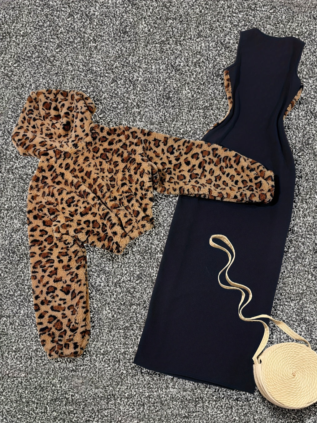 Women'S Y2K Style Dark Leopard Print Plush Hooded Long Sleeve Crop Top & Black Spliced Leopard Print Sleeveless Dress Set, 2pcs Outfit for Fall/Winter, Casual Attire|Y2K Fashion|Plush Material, Set For Woman, Dress For Woman,