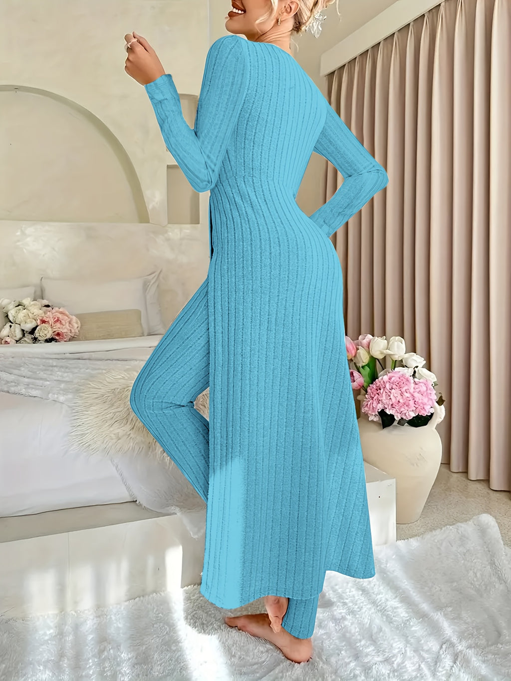 Two-piece Set of Ribbed Long-sleeved Top and Pants