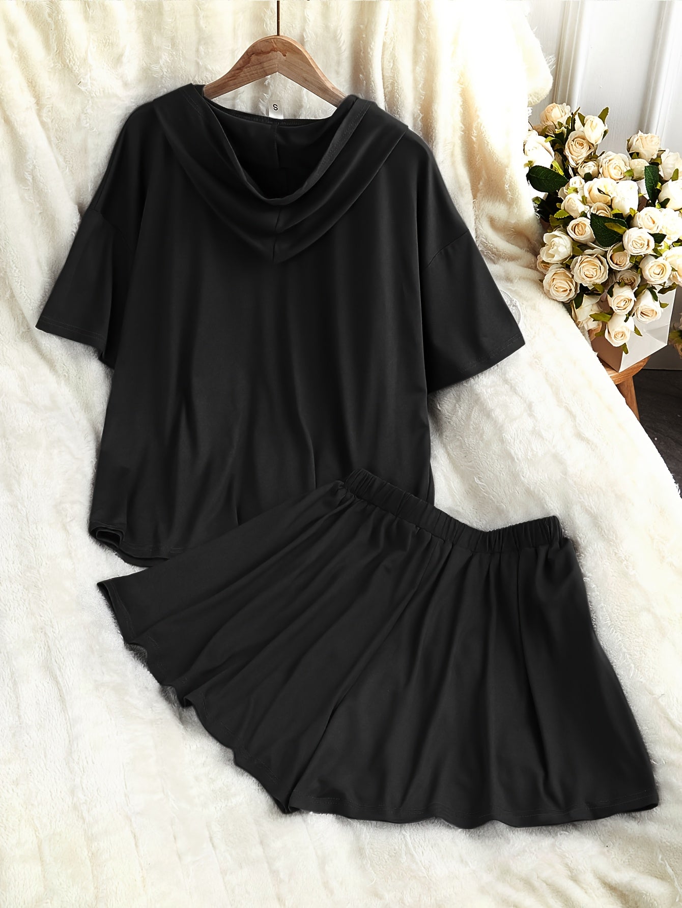 Casual Solid Color Hoodie Sweatshirt and Drawstring Shorts Set