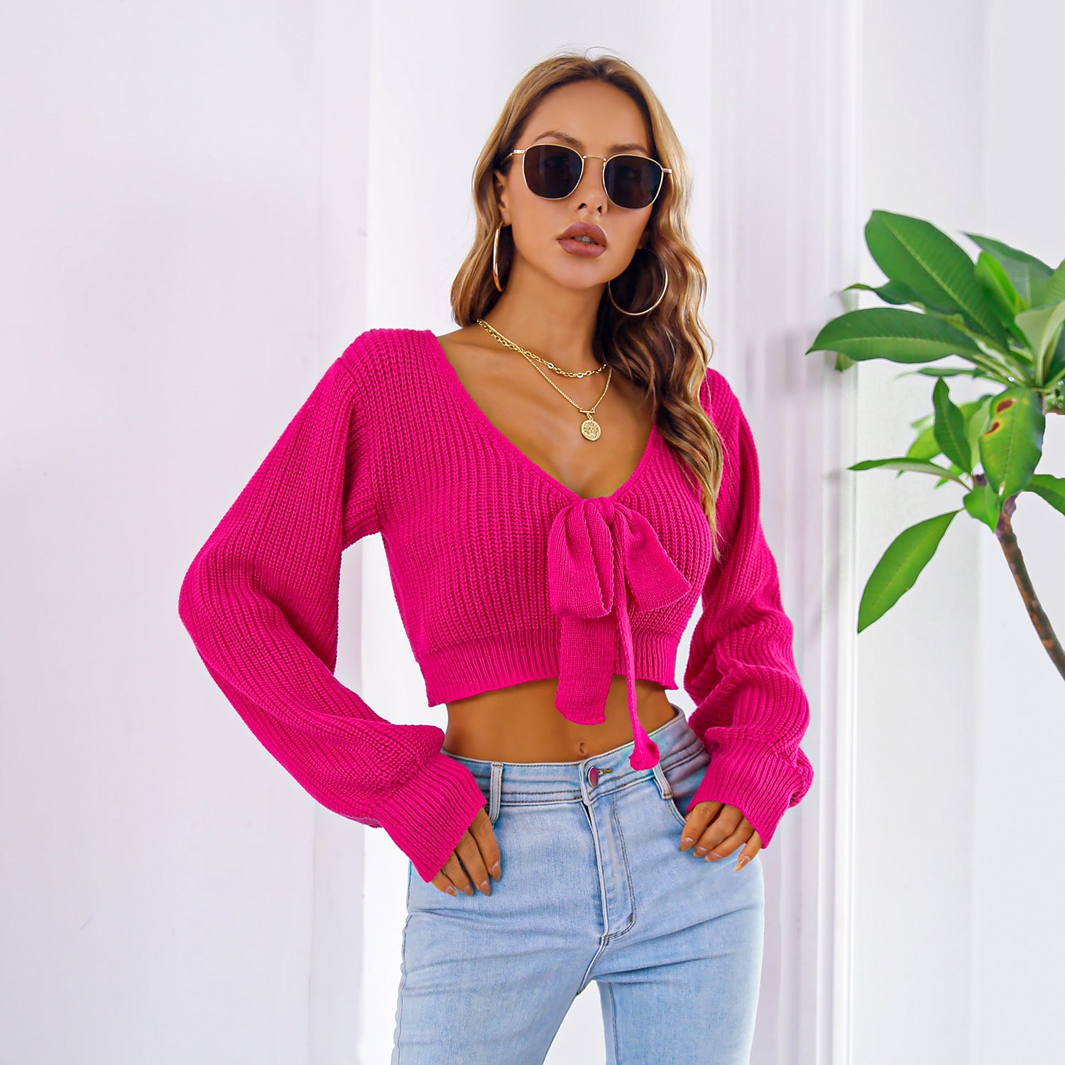 Bowknot V-Neck Crop Sweater