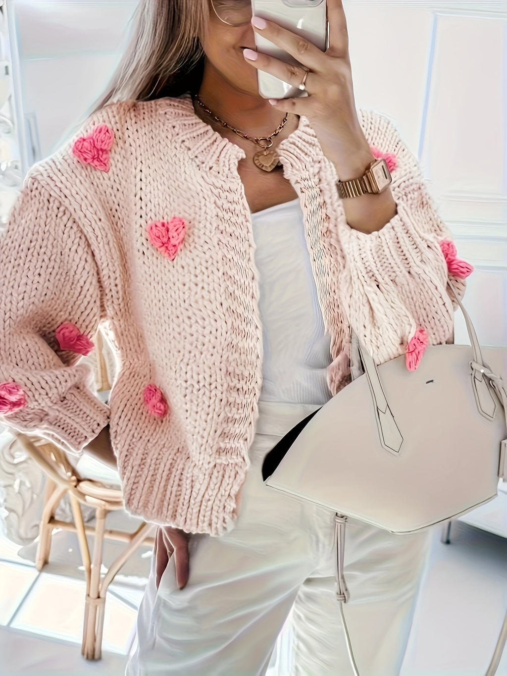French-Inspired Heart-Decor Cardigan