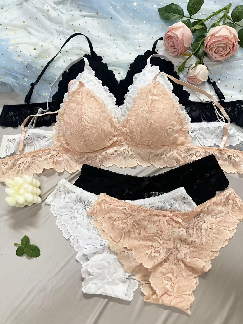 Lace Underwire Full-Bust Lace Bra & High-Waisted Panties Set {3pcs}