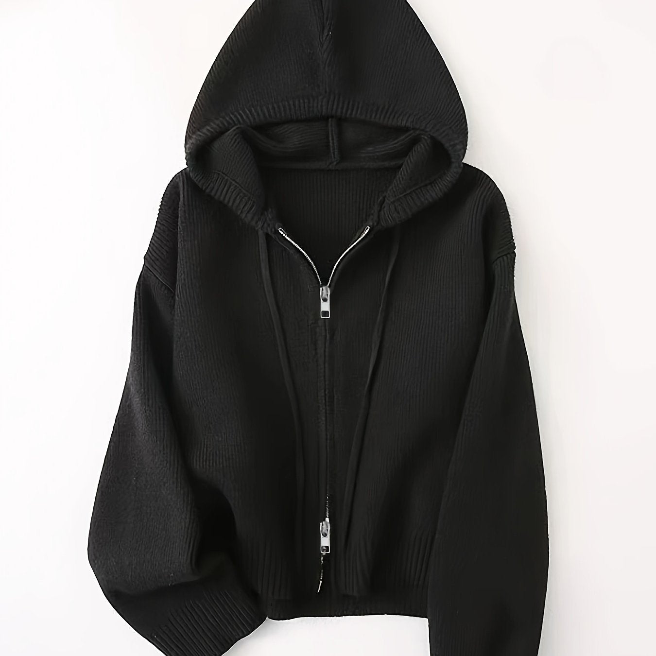 Women's Casual Hooded Cardigan Sweater - Thickened Winter with Double Zipper Front, Ribbed Cuffs & Hem, Medium Stretch, Solid Color for Fall and Winter, Sweater Cardigan