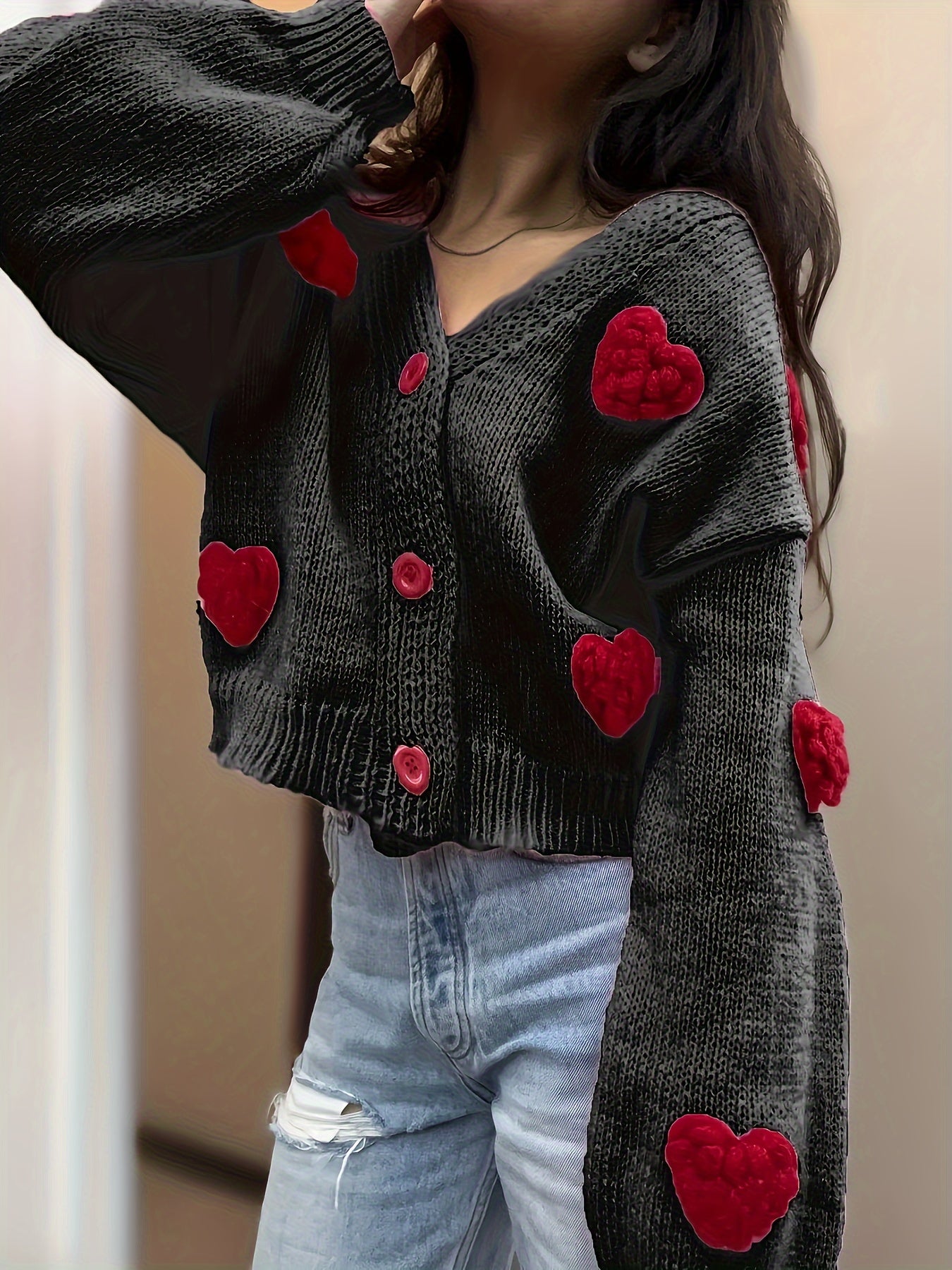 Chic Handmade Heart Pattern V-Neck Cardigan