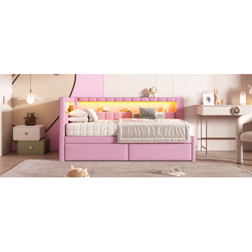 Modern White Upholstered Twin Size Platform Bed with USB Ports & RGB LED