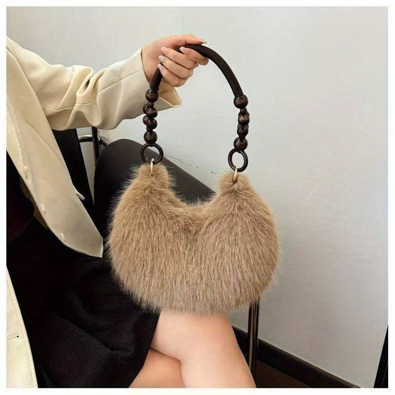 Women'S Plush Faux Fur Handbag with Wooden Handles - Soft Beige & Brown, Zipper Closure, Perfect for Fall/Winter, Casual & Commuting, Versatile for Everyday Use, Casual Carryall | Plush Faux Fur Bag | Zipper Closure Bag