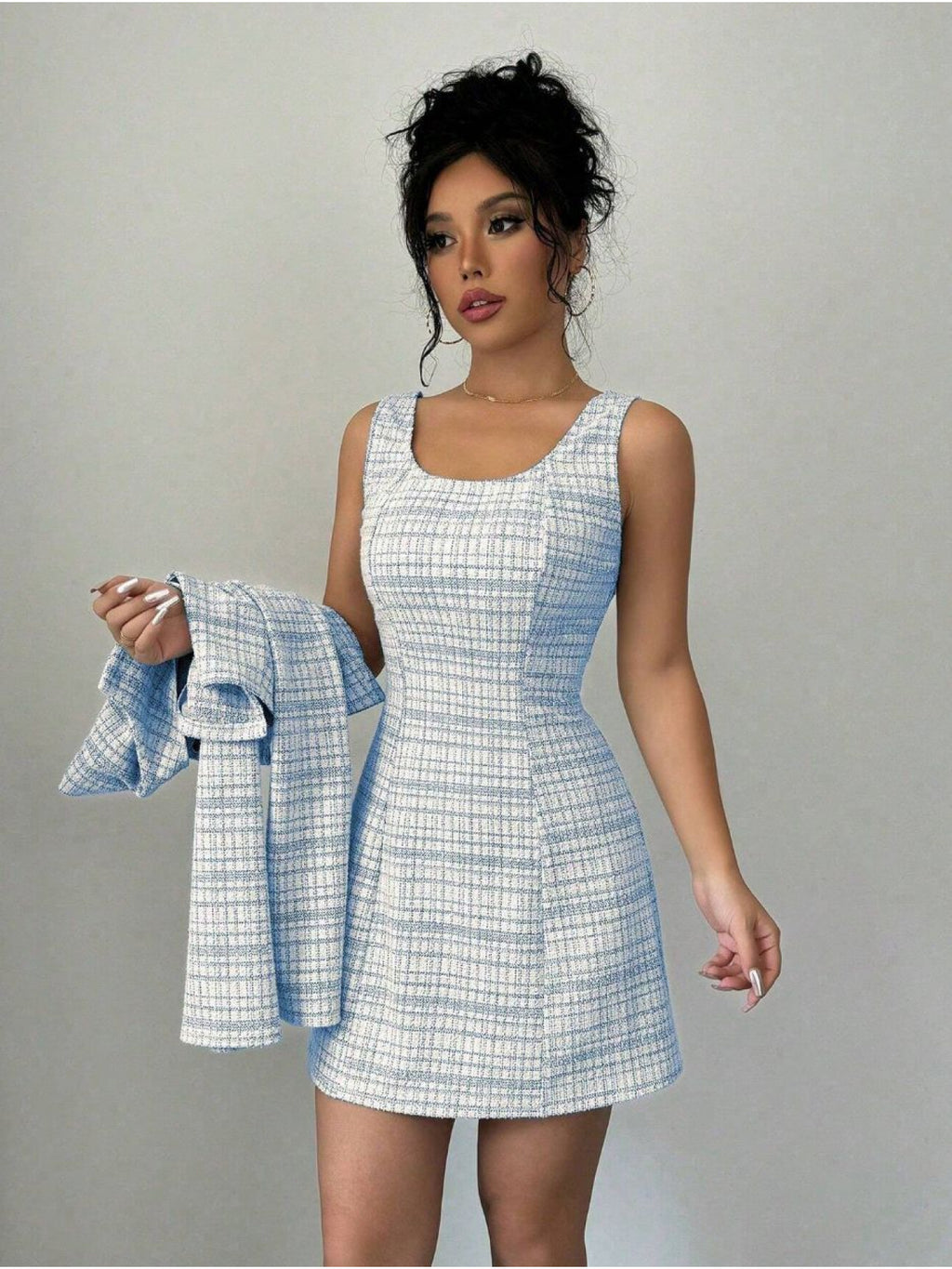 Women'S Fall/Winter Fashionable Elegant Dress Two- Piece Set- Single- Breasted Short Coat+ French Retro Tweed Dress