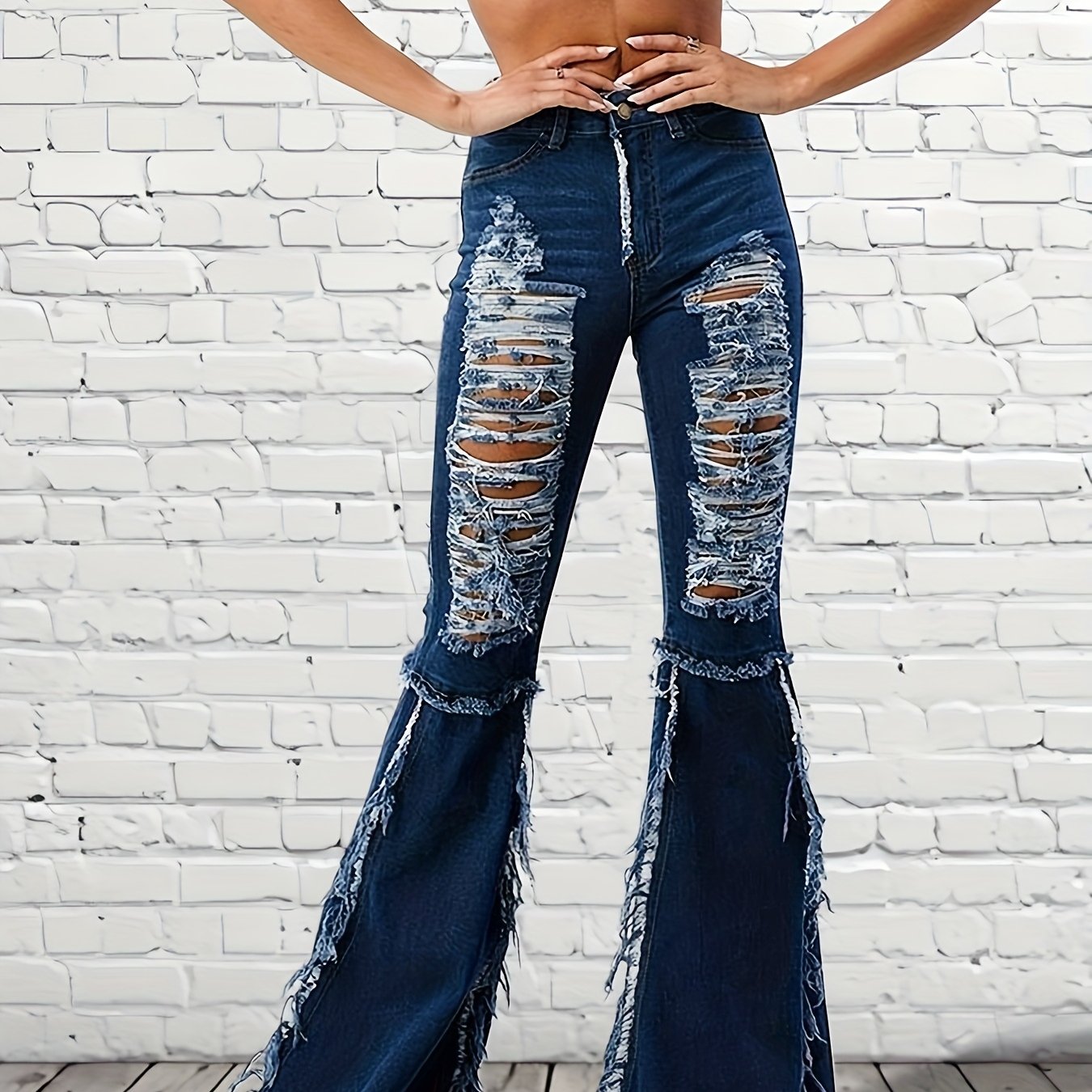 High-Waisted Fringed Ripped Jeans with Irregular Edges & Slim Fit Flared Bell-Bottoms