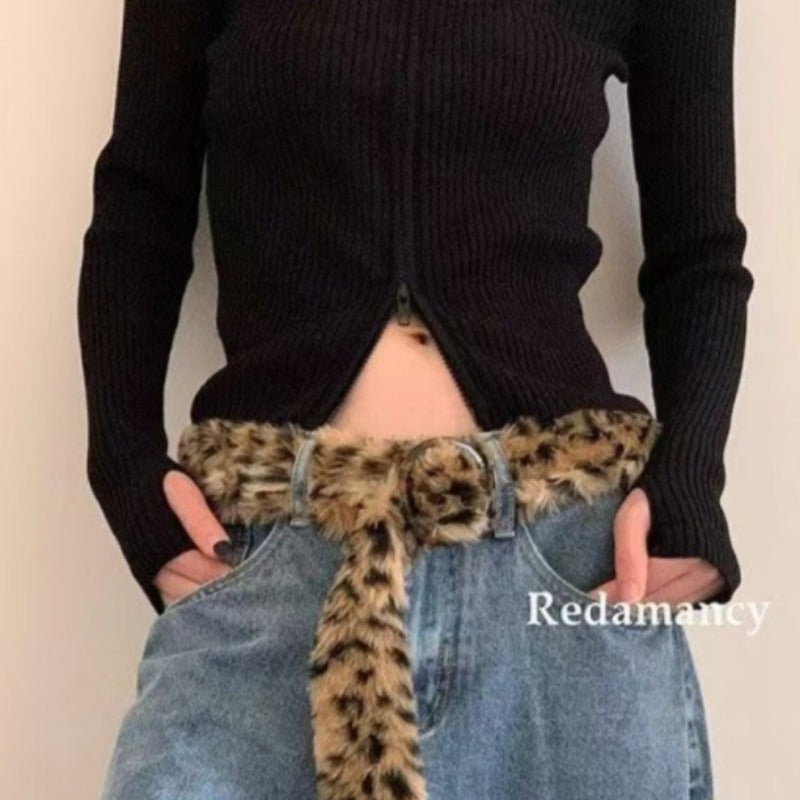 Leopard Print Imitation Leather & Plush Faux Fur Belt with Plug Buckle