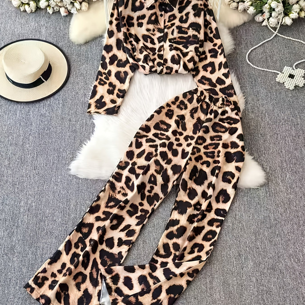 High Drape Silky Leopard Print Pajamas Two-Piece Set