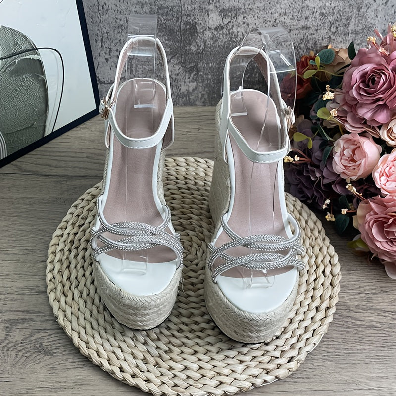 Women's Elegant Platform High Heel Sandals - Open Toe Formal & Casual Shoes for Parties, Office, Everyday - Beige/with Metallic Buckle Closure - Thick Platform Wedge Heel - Cushioned Insole & Non-Slip Rubber Sole