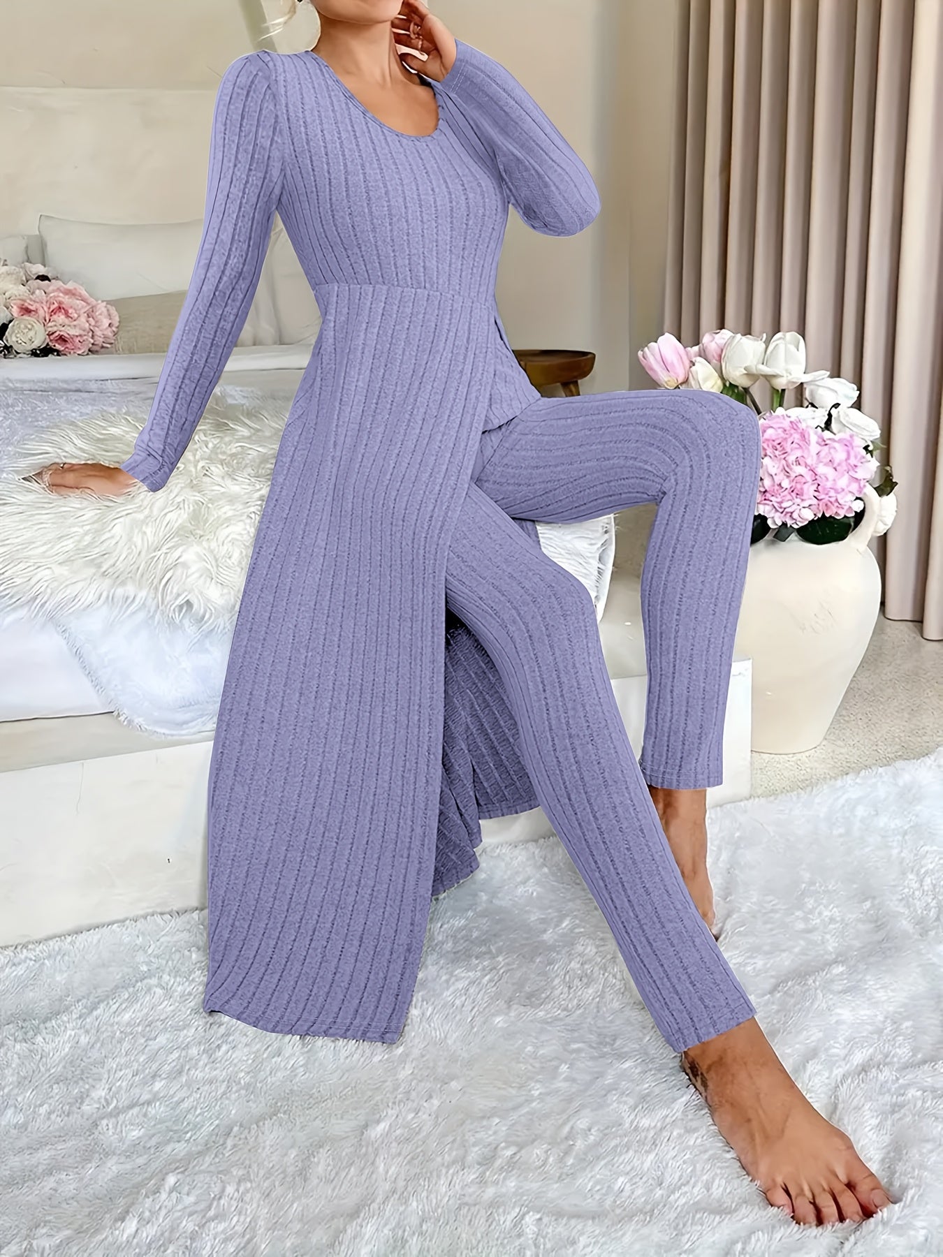 Two-piece Set of Ribbed Long-sleeved Top and Pants