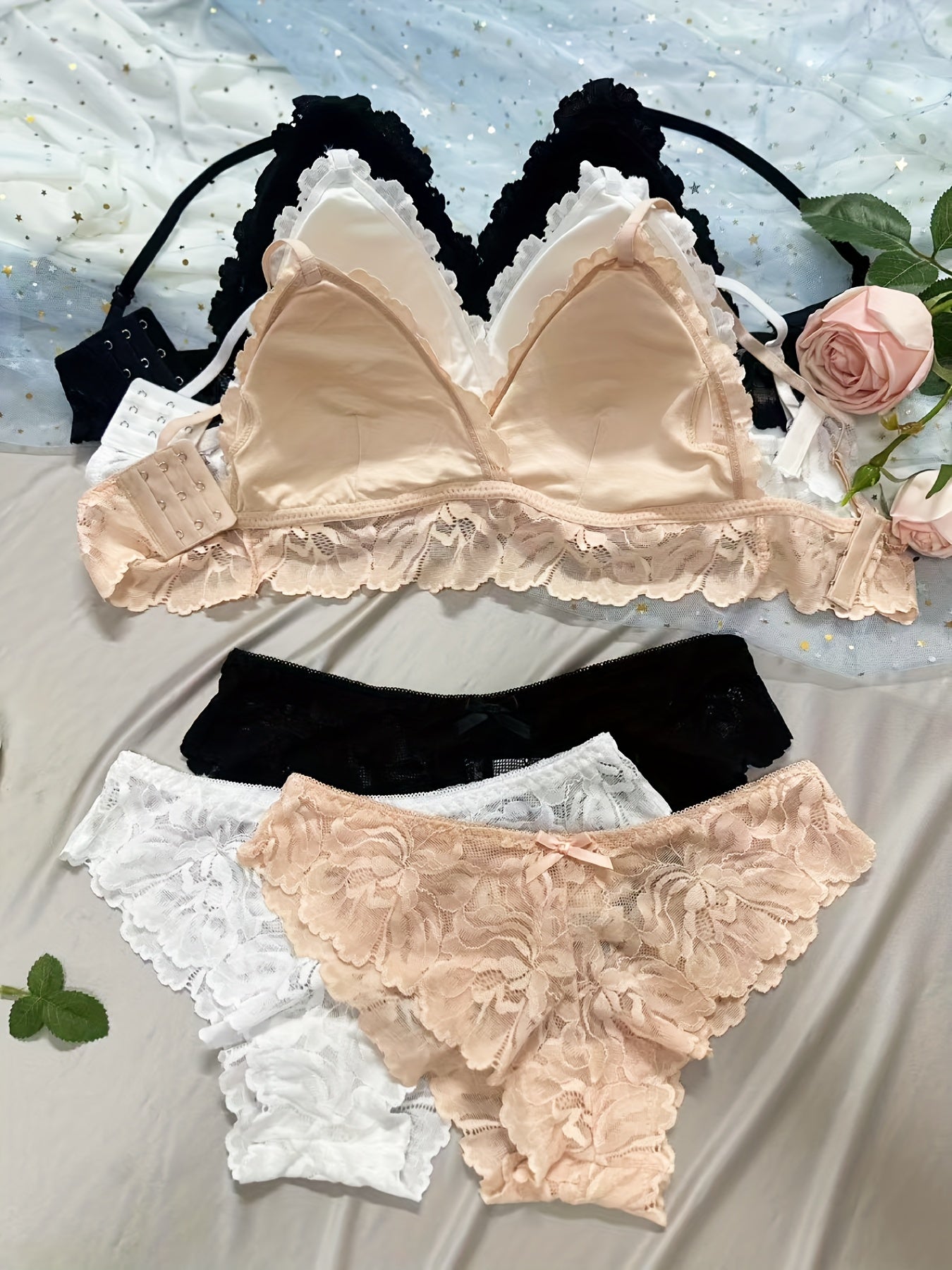 Lace Underwire Full-Bust Lace Bra & High-Waisted Panties Set {3pcs}