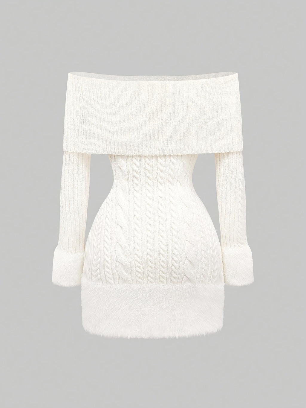 Women's Elegant Off-Shoulder Plush Ball Pendant Sweater Dress - Mid-Length Ribbed Party Dress with Adjustable Lace-Up Back, Fluffy Cuffs & Pompom Details for New Year, Valentine's Day, Special Occasions (Machine Washable), Dr