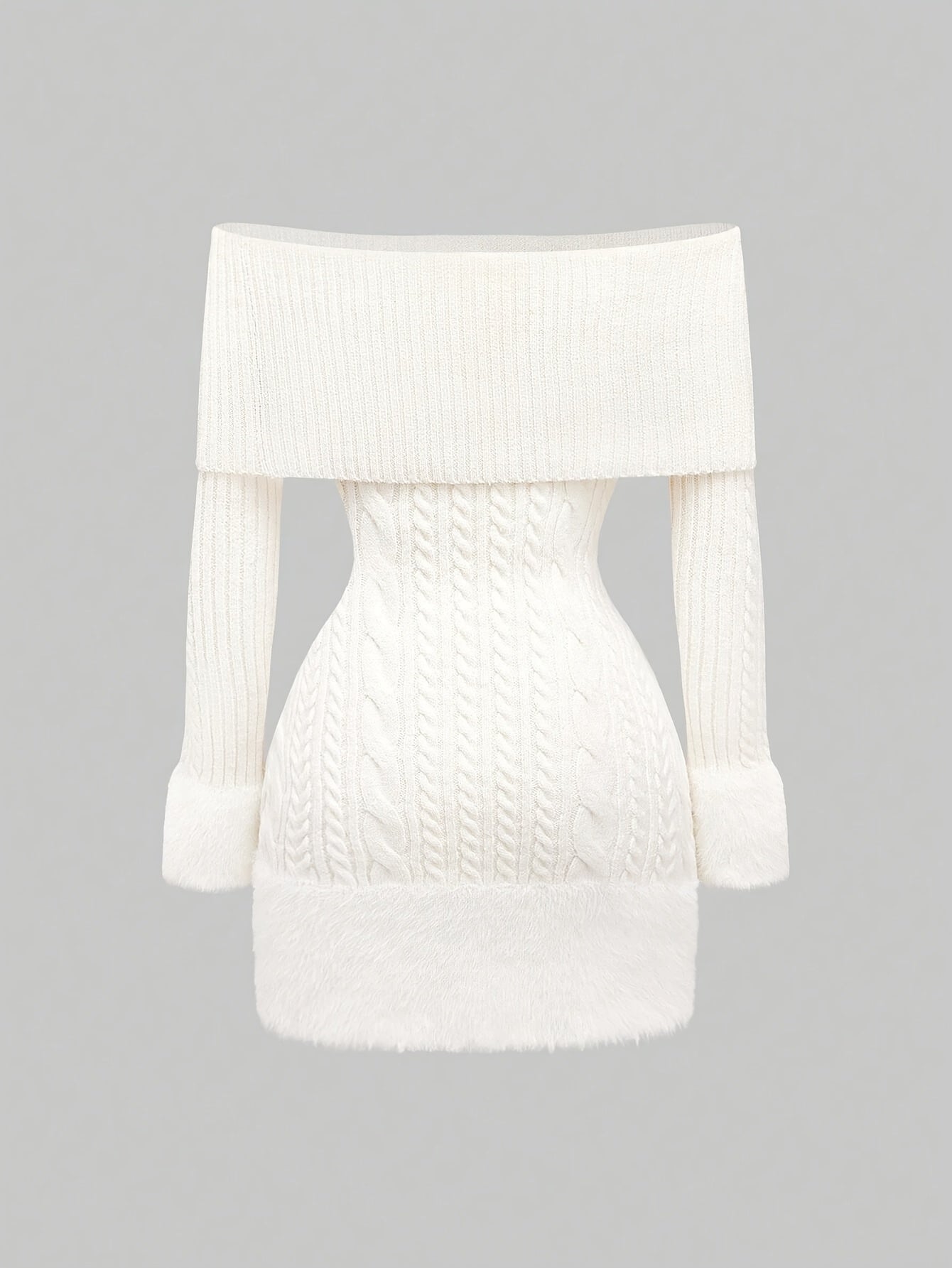 Women's Elegant Off-Shoulder Plush Ball Pendant Sweater Dress - Mid-Length Ribbed Party Dress with Adjustable Lace-Up Back, Fluffy Cuffs & Pompom Details for New Year, Valentine's Day, Special Occasions (Machine Washable), Dr