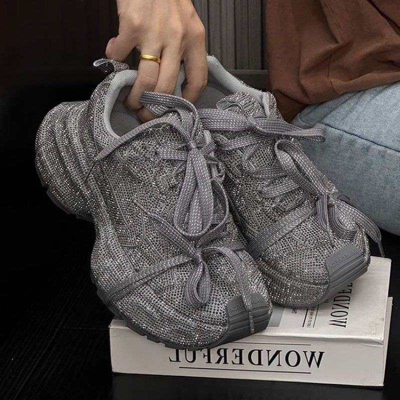 Rhinestone-Adorned Thick-Soled Dad Sneakers