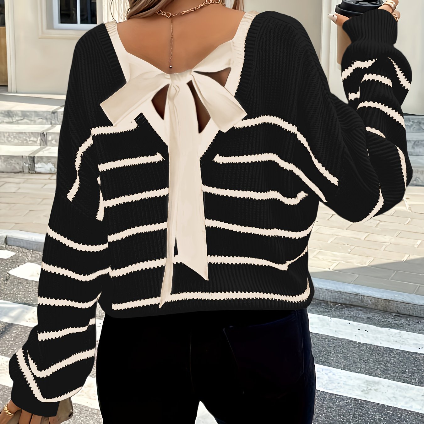 Women'S Elegant French-Inspired Striped V-Neck Sweater with Tie-Back Detail - Casual Long Sleeve Pullover for Fall/Winter, Black & White Vertical Stripes, Button-Up Front, Loose Fit, Casual Winter Wear | Vneck Sweater | Const
