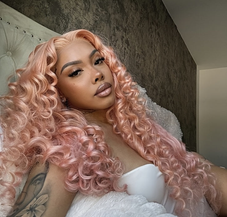 13x4 Pink Wigs Deep Wave Curly Wave Lace Front Wigs HD Lace Glueless Lace Front Wig Pre Plucked Heat Resistant Fiber Wig For Fashion Women Girls Party Vacation Daily Used Valentine'S Day 28inch