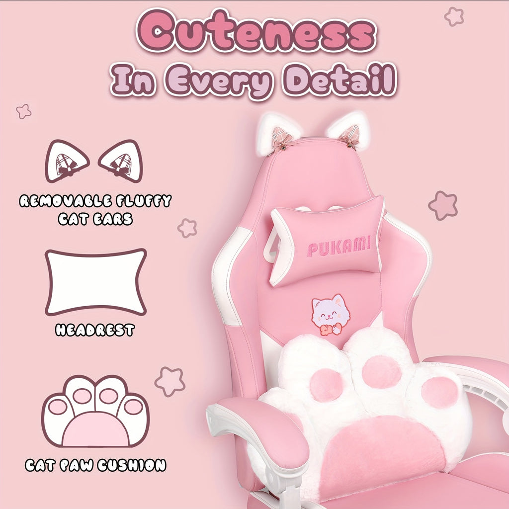 Pink Kawaii Cat Ear Gaming Chair with Paw Cushion